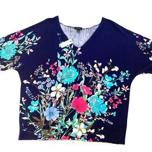 Talbots V Neck Dolman Sleeve Navy Garden Floral Sweater, Large NEW